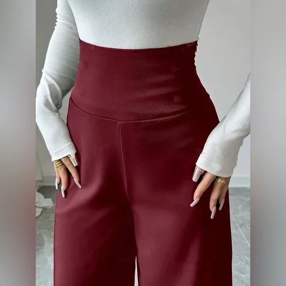 Elegant Red Wide-Leg Stretch Pants with wide band. High rise fit. NWT. - Picture 3 of 5